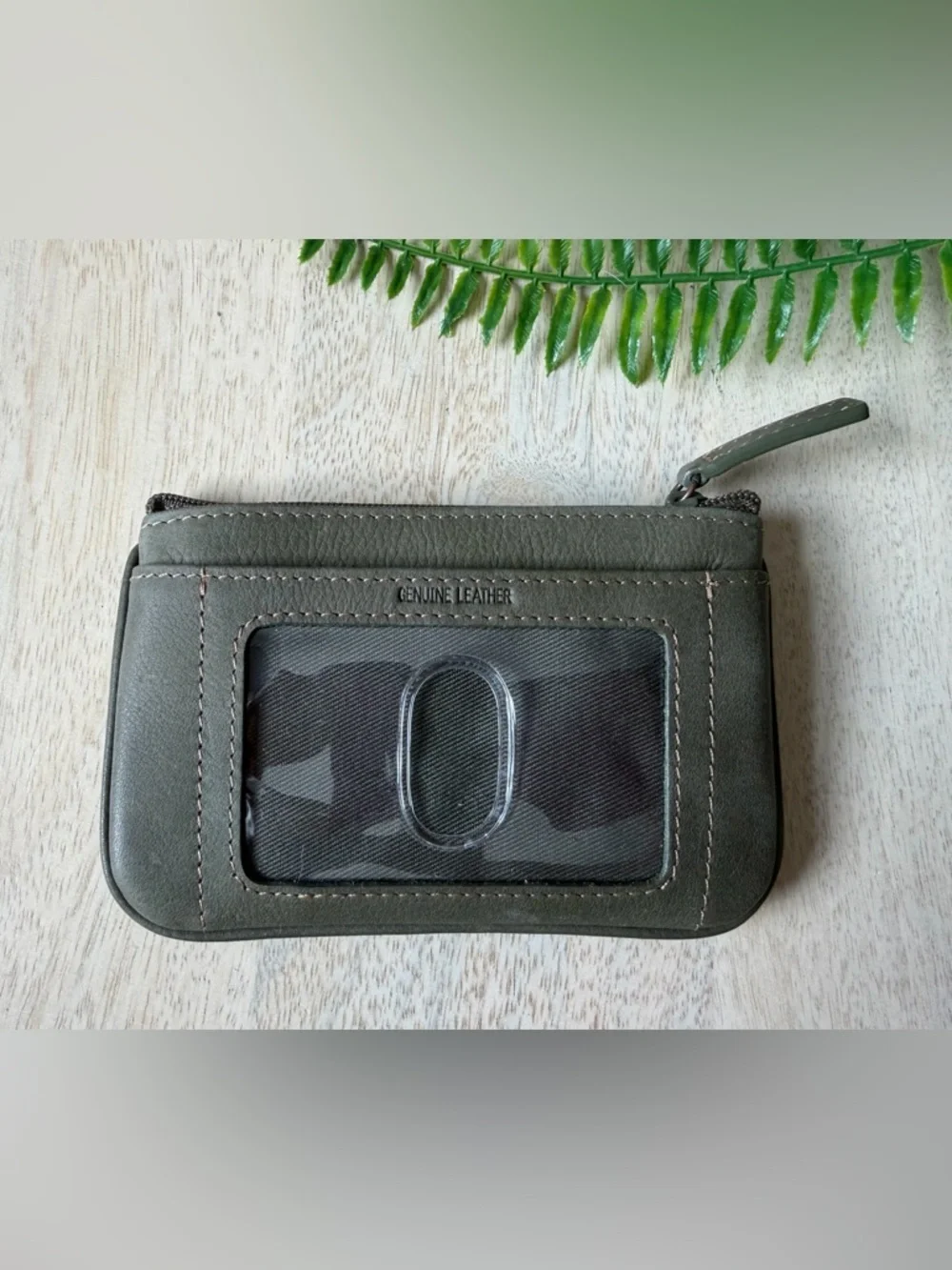 FOSSIL leather suede Studded Zip Wallet - Dark Green/Grey Never Used
